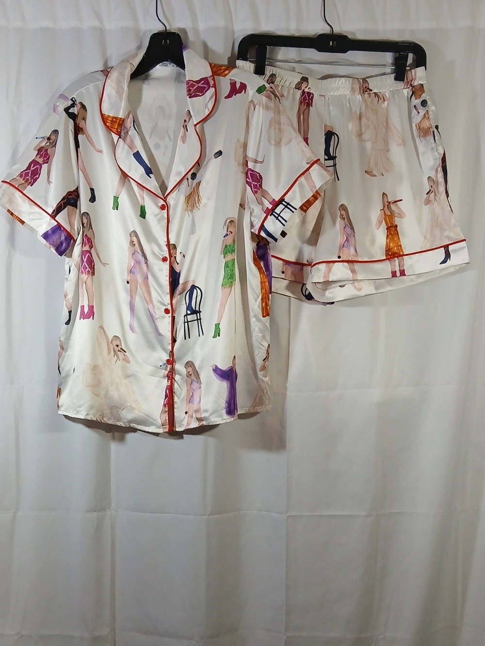 Sheshow Womens Medium Eras Tour Satin Shorts Pajama Set Red Piping